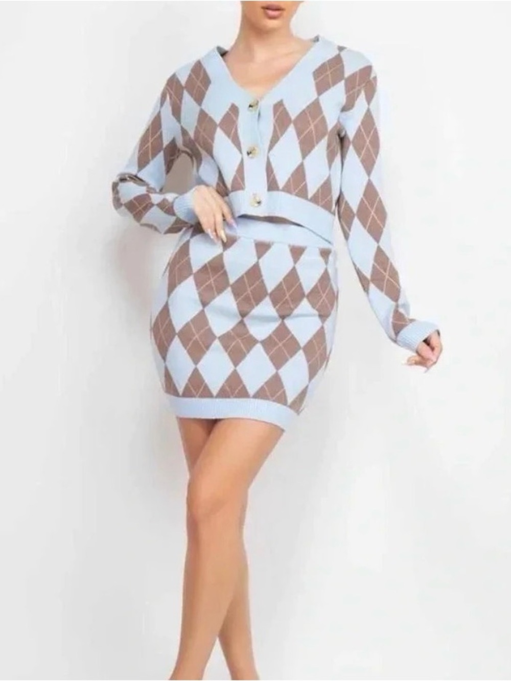 Haute Monde Blue and Brown Argyle Knit Two-Piece Set